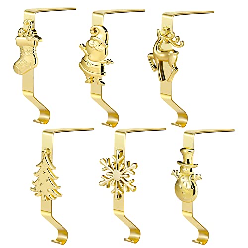Christmas Stocking Holders, 6 Pack Gold Stocking Hangers For Mantel, Various Patterns Christmas Stocking Hooks, Non-Slip Mantel Hangers For Stockings, Christmas Decor For Fireplace Shelf Table Mantle #TOP4