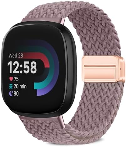 VanHooc Magnetic Braided Watch Bands Compatible with Fitbit Versa 4/Versa 3/Sense 2/Sense for Women and Men,Smartwatch Replacement Elastic Nylon Sport Strap Smoky Purple