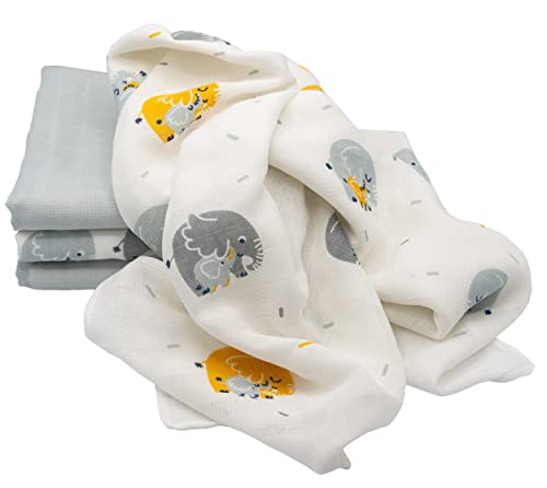 Clevere Kids - Set di 4 panni in garza per bambini, motivo: elefante con bambino, classici, coperte, panno per la saliera, OEKOTEX (02 Classic, 80 x 80 cm, confezione da 4 pezzi)