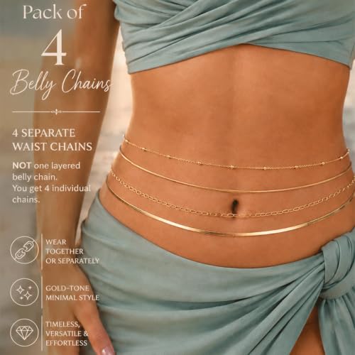 Image of VAMA FASHIONS 4 Pcs 18K Gold Plated Anti Tarnish Waterproof Waist Belly Chain Adjustable Hip Body Chains Kamarbandh Vaddanam Kamar Chain Combo for Women Girls