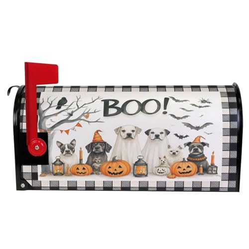 Image of Happy Halloween Dogs Magnetic Mailbox Covers Spooky Bat Raven Pumpkin Buffalo Plaid Mailbox Cover Standard Size Full Magnet Garden Yard Porch Mail Boxes Cover Holiday Decorations 21 inch L x 18 inch W