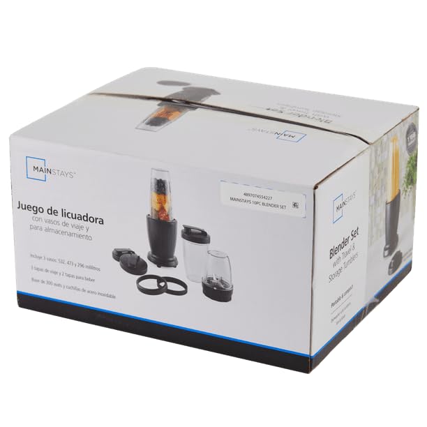 10-Piece Blender Set, Black, 300W, With 3 Jars (10oz, 16oz, 18oz), 2 Drinking Lids, Stainless Steel Blade, Multi-Functional, Compact And Powerful Blender Set