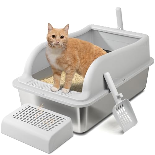 Stainless Steel Cat Litter Box with Lid, Extra Large Metal Litter Boxes for Big Cats & Kitten, XL High Sided Litter Box,Odorless,Non-Stick,Easy Cleaning, Step & Scoop Included