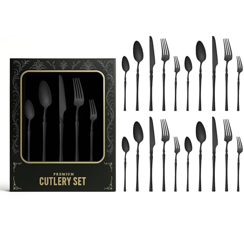 Image of aDai Mirror Finish 20-Piece Korean Vintage Style Flatware Set with Gift Box | Dishwasher Safe Stainless Steel Cutlery for Home, Restaurant & Gifting (Black)