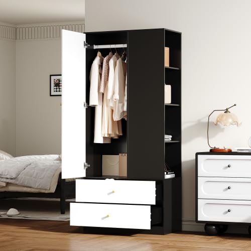 Armario estrecho con espejo y una puerta – Armario moderno con 2 cajones y 4 estantes, 80 x 40 x 180 cm, color blanco y negro, para dormitorio y pasillo