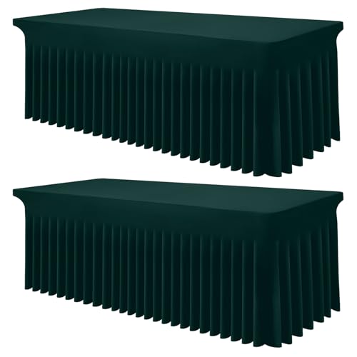 Image of Smiry 2 Pack Spandex Elastic Fitted Table Cloth Skirt for 8FT Table | Stretch Washable Table Cloth, Banquet Table Cover for Wedding, Party, Indoor & Trade Shows, (Hunter Green, 96Lx30Wx30H)