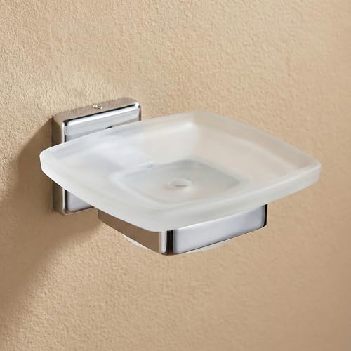 Image of Premium 304 Stainless Steel Soap Dish Holder with Frosted Glass Tray | Wall Mounted Rustproof Soap Stand for Bathroom, Shower, and Kitchen | Chrome Finish Heavy Duty Soap Case(Square 27)