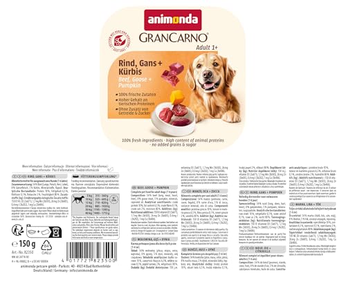 animonda GranCarno Hunde Nassfutter Adult mit Rind, Gans + Kürbis (22 x 150g), getreidefreies Hundenassfutter ohne Zucker, für ausgewachsene Hunde, mit frischen fleischigen Zutaten