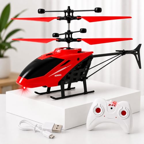 Image of Gravity Sensor Trigger Remote Helicopter Toy for Boys with Safety Sensor, Indoor Palm Sensing, Rechargeable with LED Lights I Pack of 1 (Cherry Red)