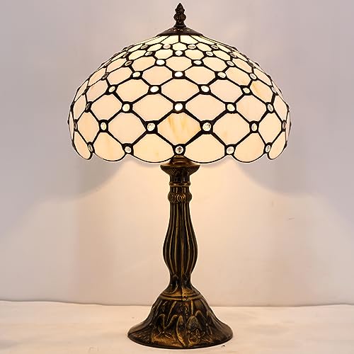Image of WERFACTORY Tiffany Lamp Cream Amber Stained Glass Bead Table Lamp 18 Inch