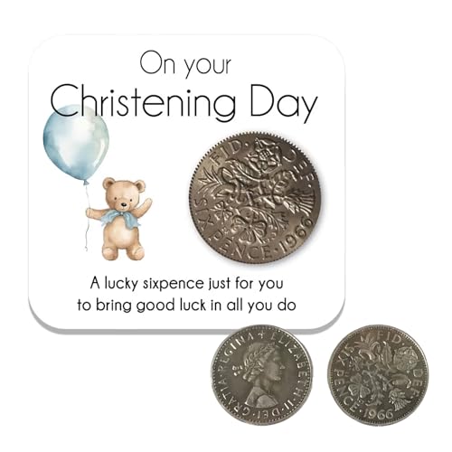 Plorede Christening Gift Lucky Sixpence Silver Coin & Keepsake Card - On Your Christening Day Blessing for Baby Girls Daughter Niece Granddaughter - Traditional Baptism Present (Blue)