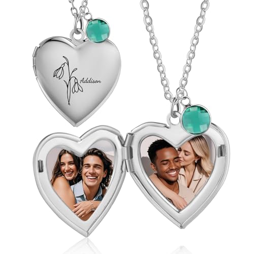Gaosh Collier Photo Personnalisé pour Femme Collier Cœur avec Photo à l'intérieur Pendentif avec Pierre de Naissance pour Maman Cadeaux Personnalisés pour...