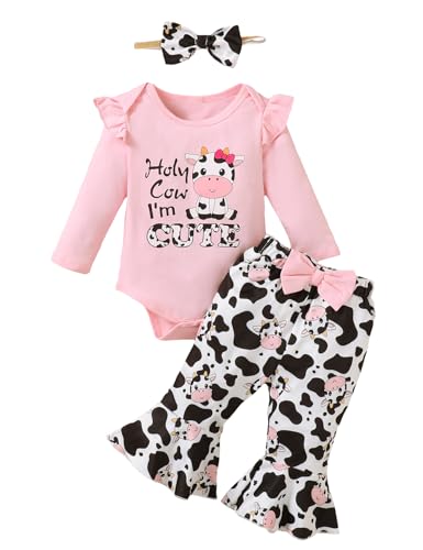 Baby Girl Cow Print Outfit Infant Cow Clothes for Girls Baby Bell Bottom Outfit Sets