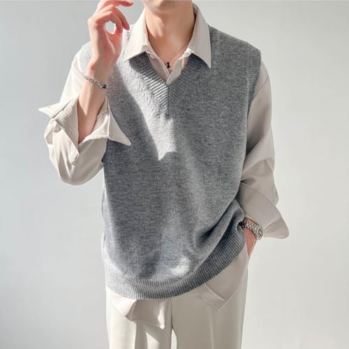 Men's Sleeveless Sweater Vest Solid Color Relaxed Fit V Neck Knitted Pullover Sweater3