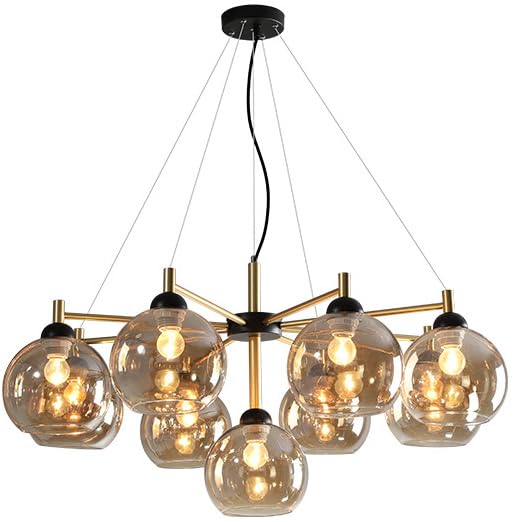 GGBBJJ Mid Century Glass Bubble Round Chandelier 5-Light Black Gold Sputnik Ceiling Pendant Light Farmhouse Gray Amber Ball Industrial Hanging Lamp for Dining Room Kitchen Living Room Bedroom
