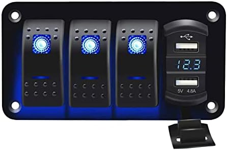 WENLICP 3 Gang Waterproof Rocker Switch and 4.8A Dual USB with Pre-Wired IP65 Waterproof for RV Boat Car Vehicles Truck Marine (Blue)