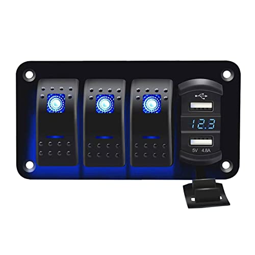 Wenlicp 3 Gang Waterproof Rocker Switch And 4.8A Dual Usb With Pre-Wired Ip65 Waterproof For Rv Boat Car Vehicles Truck Marine (Blue) #TOP21
