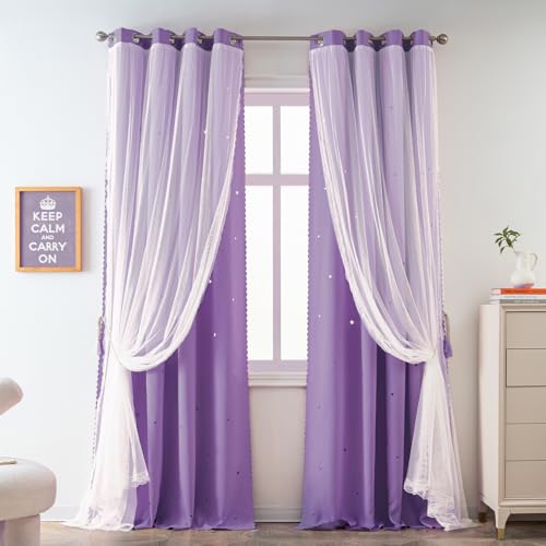 Image of Yancorp Purple Curtains for Bedroom Living Room Thermal Insulated Kids Curtain Hollow-Out Star Window Nursery Curtain 63 inches Length Room Darkening Grommet(Purple,52 * 63),1 Panel