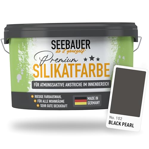 SEEBAUER diy Silikatfarbe Anthrazit 5L für Innen (No. 102 Black Pearl) Atmungsaktive Mineralfarbe für Allergiker - Abwaschbare Wandfarbe - Anthrazittöne hohe Deckkraft