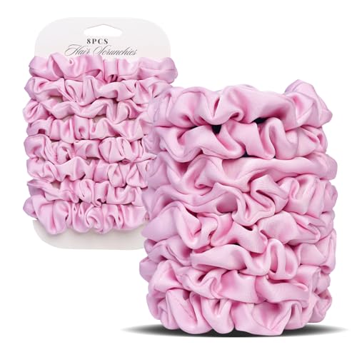 Ultra-Petite Satin Scrunchies for Women 8PCS Pink Small Hair Ties Softer Than Silk No Crease Frizz-Free Gentle Elastic Bands for Day & Night Perfect Gifts