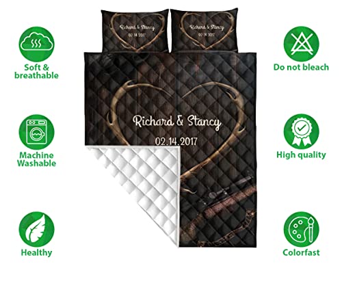 Custom Deer Antler Heart Vintage Brown Hunter Couple Hunting Personalized Name Quilt Blanket & Pillowcases, Quilts Bedding Set & Pillow Cover, King Queen Double Twin Throw Full Size Bedspread Bed Sets #TOP1