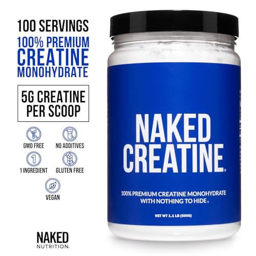 NAKED Pure Micronized Creatine Monohydrate Powder - Unflavored, 500g, 1.1lb Bulk - Vegan, Non-GMO, Gluten-Free, Soy-Free, No Fillers, Supports Muscle Growth & Strength - 100 Servings