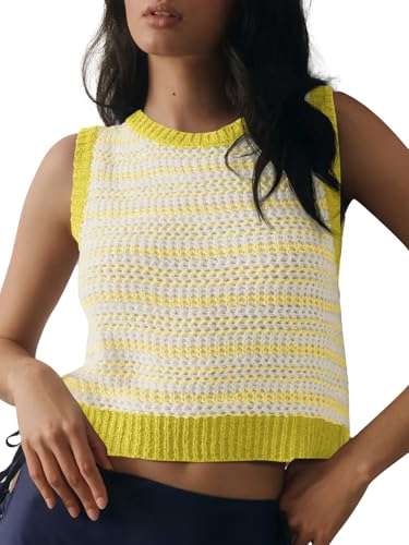 Image of Yousify Womens Short Sleeve Summer Tops Tie Back Sweaters Vest Dressy Casual T Shirt Lightweight Pullovers Yellow L
