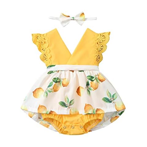 Girls Clothes, SHOBDW Infant Baby Girls Sleeveless Lemon Watermelon Fruit Print Lace Romper Bodysuit+Headband Summer Jumpsuit Outfit Set(Yellow,6-9 Months) Cover