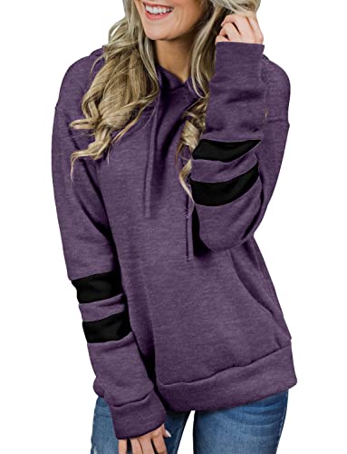 Chiczone Soft Hooded Sweatshirts For Women Long Sleeve Pullover Hoodie Casual Tops Stripe Fall Shirts Purple L #TOP3