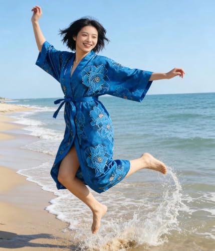 Image of Women's Classic 100% Silk Kimono Robe, Bathrobe-Printed Pattern