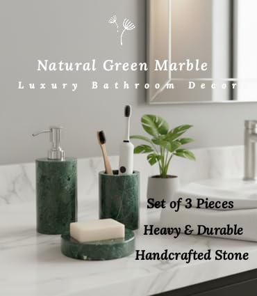 Image of Marble Stone Luxury Bath Accessories - Soap Dispenser, Toothbrush Holder, Soap Dish ( Green ) - Set of 3