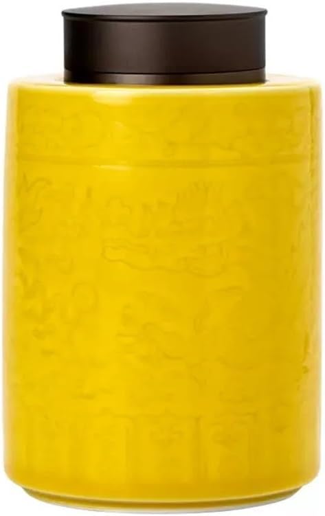 Tea Container Ceramic Tea Canister with Airtight Double Lids 700ML（Yellow）