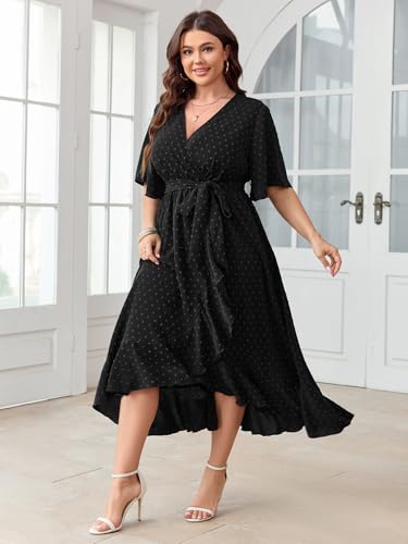 SCOMCHIC Women's Plus Size Summer Dresses Short Sleeve Wrap V Neck Swiss Dot Boho High Low Split Ruffle Maxi Dress2