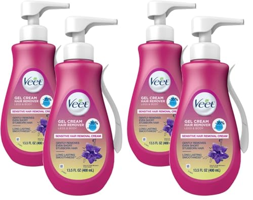 Image of VEET 5 Min Sensitive Skin Hair Removal Cream For Women, Bikini Hair Removal Gel, Dermatologically Tested Depilatory Cream For Legs, Arms, Bikini Line, 13.5 FL OZ Pump Bottle with Tool, Pack of 4