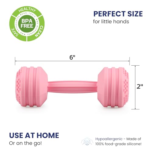 Image of Baby Dumbbell Toy - Silicone Dumbbell Teether Toys Weight Rattle Sensory Toy for Babies - Great Gift for Baby and Toddler Girls or Boys (Pink)