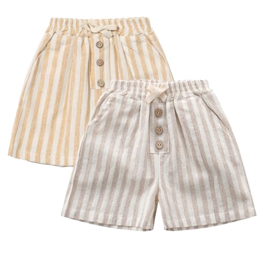 Ashmyova Classic Shorts for Boys Thin Cotton Stripe Elastics Waist Casual Summer Toddler Shorts Lightweight 2Pcs