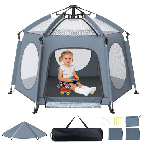 DICOLIN Pop Up Baby Playpen Instant Setup Anti-Tipping Playard with UV Canopy & Mosquito Net Portable Indoor Outdoor Beach Play Yard Travel Crib with Carry Bag Grey