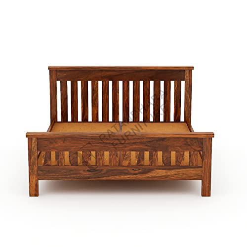 Image of King Size Leopard Sheesham Wood Platform Bed Without Storage (King Size (6.5 ft x 6 ft), Honey Finish)