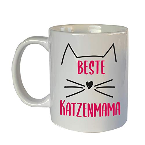 Beckers Beste Tiernahrung Tasse mit Motiv Spruch "Beste Katzenmama" 350ml - Lustige Teetassen - Kaffeetasse lustig - Geburtstagsgeschenk Cover