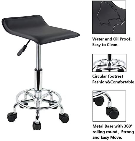KKTONER Square Height Adjustable Rolling Stool with Foot Rest PU Leather Seat Cushion Spa Drafting Salon Tattoo Work Swivel Office Stools Task Chair Small (Black)
