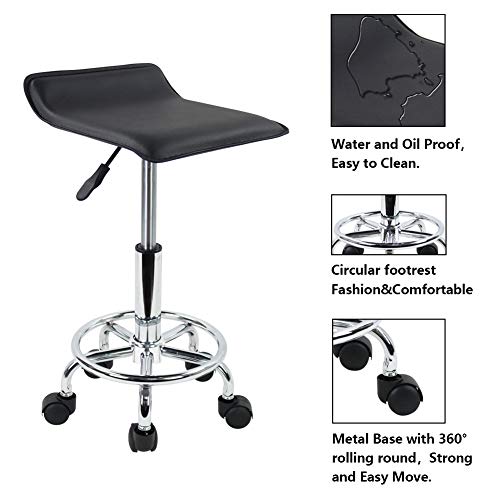 Kktoner Square Height Adjustable Rolling Stool With Foot Rest Pu Leather Seat Cushion Spa Drafting Salon Tattoo Work Swivel Office Stools Task Chair Small (Black) #TOP5