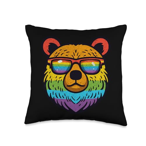 Vintage Bear Gay Pride Novelty by Ryan Co. Gay Bear LGBTQ Rainbow Sunglasses Pride Flag Men Women Throw Pillow, 16x16, Multicolor