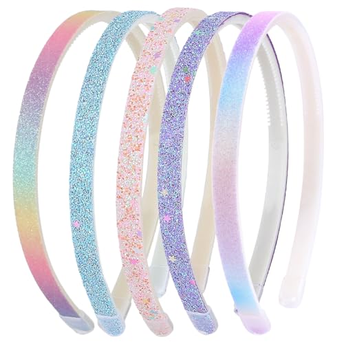Lot de 5 Bandeaux à Cheveux pour Filles, Serre-tête Enfant Pailletés, Colorés et Mignons Serre Tete Fille, Brillants Arcs en Ciel Bandeau Cheveux Fille, Accessoires Quotidien pour Cheveux de Fille