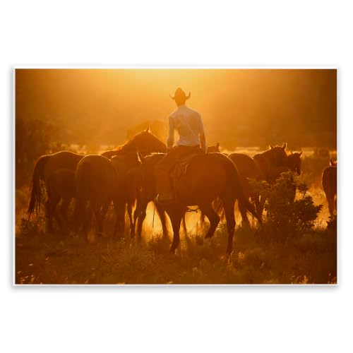 Cowboy Riding Horse Rural Ranch, 10 x 15 Inch Mounted Print on Wall Plaque