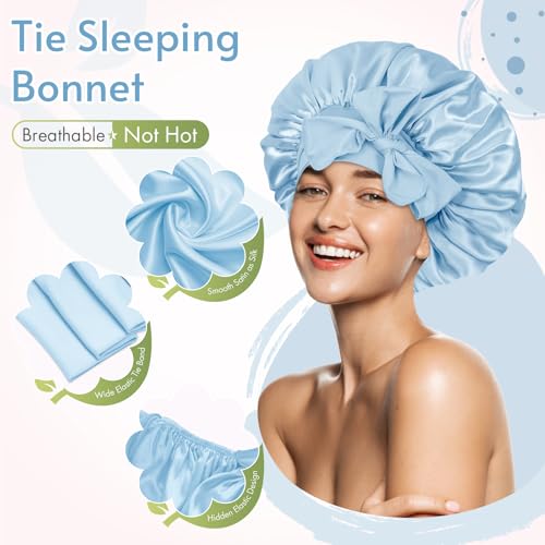 Image of BONNET QUEEN Silk Satin Bonnet for Sleeping Women Adjustable for Curly Hair Tie Band Night Sleep Hat Cap Loc Soft Elastic M Azul