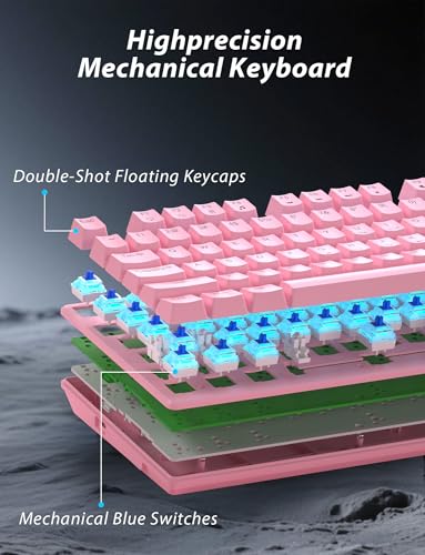 Image of Wireless Mechanical Gaming Keyboard and Mouse Combo, 98 Keys RGB Backlit Rechargeable 2000mAh Battery, 3-Mode BT5.0 /2.4G /USB-C (Pink)