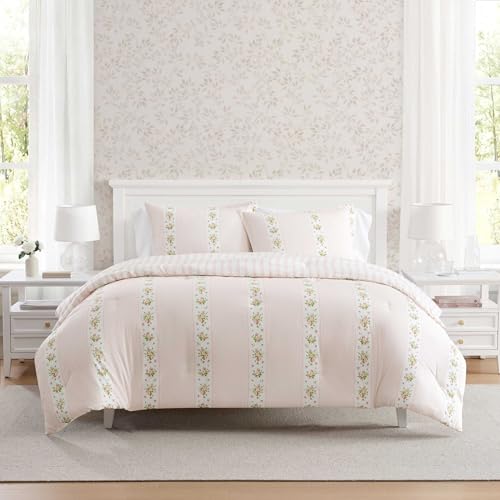 Image of Martha Stewart - King Comforter Set, 100% Cotton Reversible Bedding with Matching Pillowcases, Lightweight Bed Set, Floral Stripe Cottage Decor (Annabelle Pink)