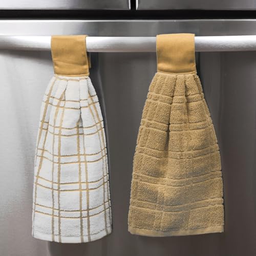 Image of Ritz Premium 100% Cotton Solid and Multi Check Kitchen Tie Towel, Absorbent, Super Soft, and Fast Drying Hang Towel, Set of Two, Straw