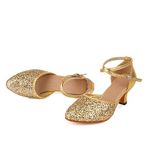 Swdzm T-DY225-M-GOLD-5-35 Glitter Women'S Latin Dance Shoes Closed Toe Sequins Ballroom Salsa Tango Party Practice Performance Dance Shoes,225,Gold,Heel 2,Suede Sole,Us 6 thumb #7