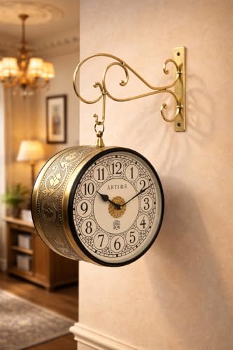 Image of Handcrafted Double Side Metal Analog Vintage Wall Clock | 1.5 Year Machine Warranty | 8 INCHES | 1 Side Number 1 Side Roman,Color L-Golden